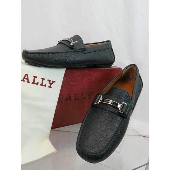 NIB BALLY DRULIO NAVY GRAINED LEATHER METAL LOGO DRIVING LOAFERS US 12 D ITALY main image 6